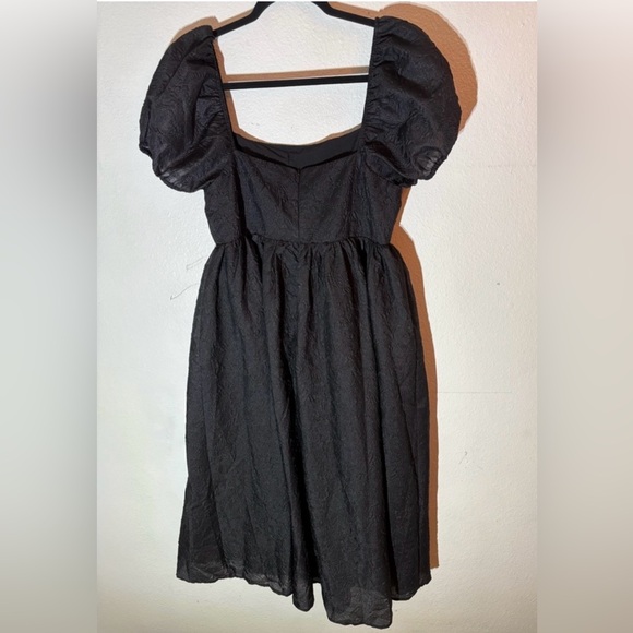 Lulus NWT Adorable Mood” Black Floral Jacquard Puff Sleeve Babydoll Dress Medium - Picture 8 of 14